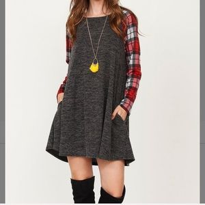 SOLD Charcoal & Red Plaid-Accent Shift Dress, S